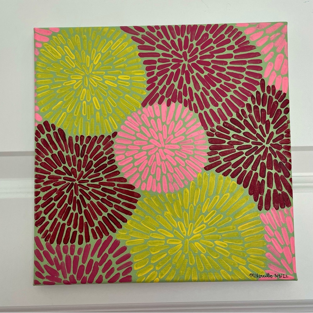 🎉🌈 ORIGINAL ACRYLIC PAINTING Green w Yellow Pink Red Flowers🌼🌸